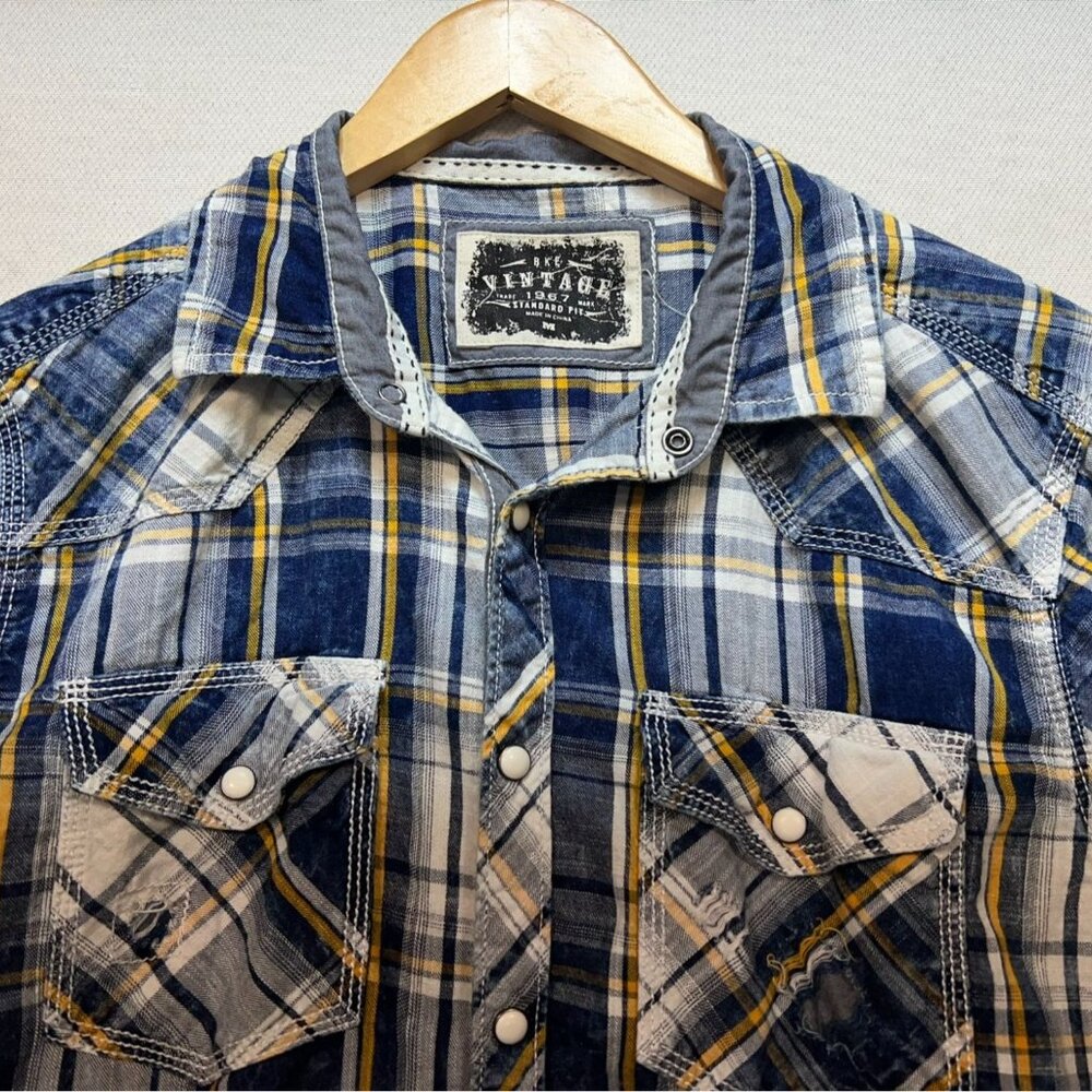 BKE Men Short Sleeve Button Up Shirt Medium Blue Plaid Vintage 1967 Standard Fit - Picture 4 of 12